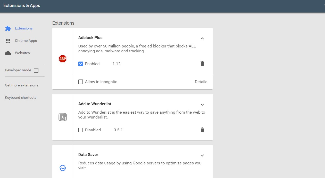 material design google chromme extension page